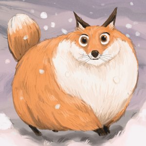 A smiling chonky fox standing in the snow.
