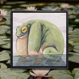 A chonky green frog sitting in a pond near water lilies in the rain.