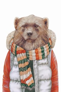 A wolverine wearing a puffy silver winter vest, striped scarf, and red jacket.
