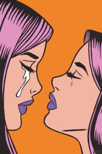 Two twins with pink hair drawn comic book style on an orange background.