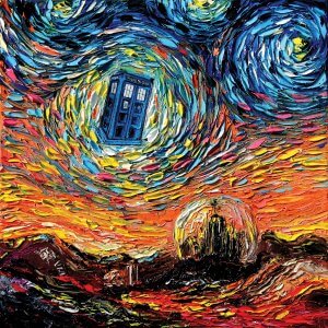 Telephone booth from Dr. Who flying over Gallifrey on a starry night like background