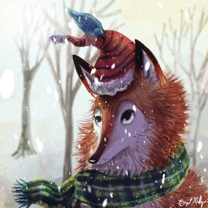 A fox wearing a green plaid scarf on a snowy day and looking up at the blue bird sitting on it&#039;s red winter hat.