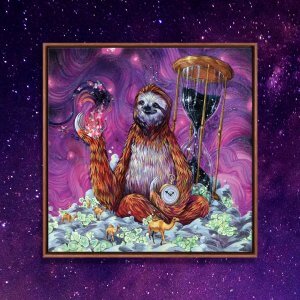 A giant sloth sitting amongs many camels and holding a clock in one had with an hourglass full of the cosmos behind him.