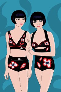 Two twins in black swimsuits with red and white flowers on a blue background.