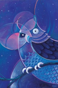 A blue owl on a tree branch in front of a blueish purple sky