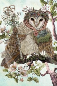 An owl on a tree branch wearing a crown with berries surrounded by flowers
