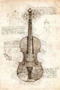 A diagram of a violin with notes detailing the design.