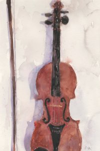 A painting of a violin and a bow against a white background.