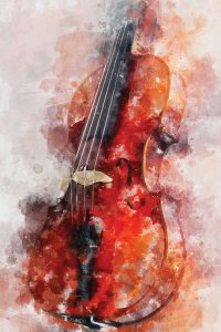 An abstract watercolor painting of a violin.