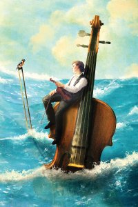 A man sitting on a giant violin drifting in the ocean while holidng another violin.