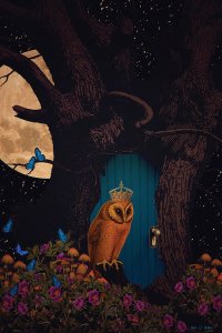 An owl with a crown in front of a tree house surrounded by butterflies and flowers