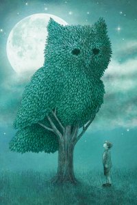 A young boy looking up at an owl shaped tree under a big moon