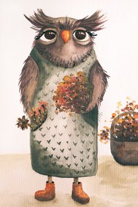 An owl wearing a dress holding flowers