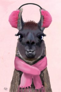 A portrait of a llama wearing pink furry ear muffs and a pink scarf against a pink background.