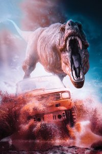 A giant T-Rex chasing a yellow car through the desert.
