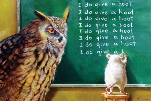 An owl watching a mouse write on a chalkboard