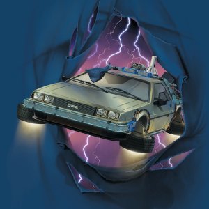 The Delorean from Back To The Future breaking through a blue curtain with lightning in the background.