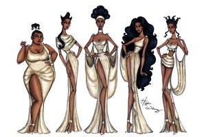 A group of five black women in gold dresses