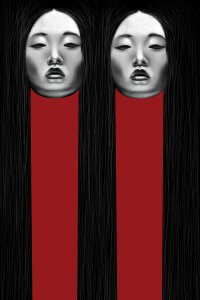 Two twins with long, black hair on a red background.