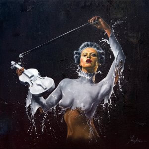 A topless woman covered in a white paint-like substance bowing a white violin.