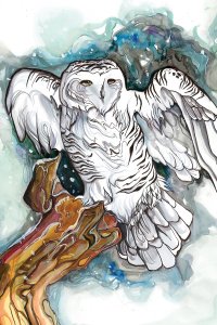 A white owl on a tree in front of watercolor background