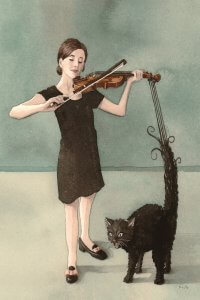A woman playing a violin whose strings are attached to a black cat&#039;s tail.
