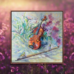 A violin resting against purple flowers as birds sit on the nearby bow.