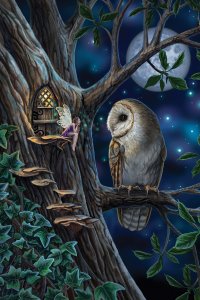 An owl on a tree branch looking at a small fairy