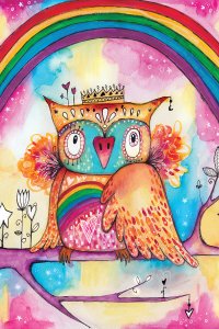 A colorful rainbow owl wearing a crown in front of a rainbow on a watercolor background