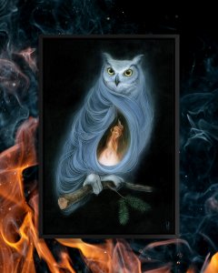 A blue owl on a tree branch with a fire in the middle