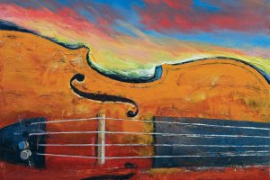 A painting of the body of a violin with a colorful sunset like background.