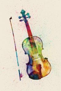 A colorful violin and bow surrounded by splattered droplets of color.
