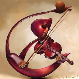 A surreal depiction of a wooden figure with a woman&#039;s face playing a violin.