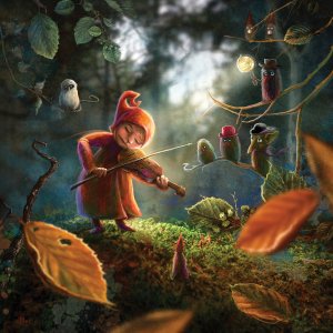 A person playing a violin in a forest to a crowd of birds and creatures.