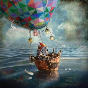 An owl in a hot air balloon floating on water
