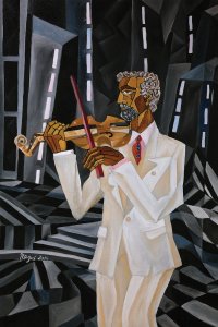 A black man in a white suit playing a violin against an abstract background.