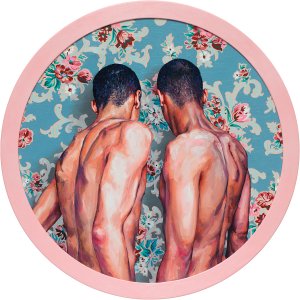 Two shirtless twins staring a floral wall with red and pink flowers
