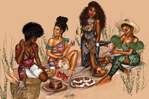 Four women in colorful outfits sitting at an outdoor picnic with food and drinks.