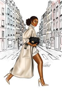 A woman in high heels and long coat walking across city street.
