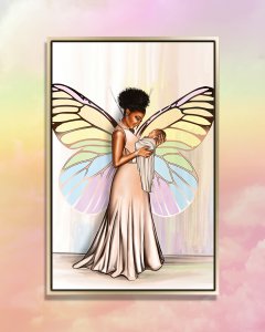 A woman with rainbow angel wings holding a baby in front of pastel background.