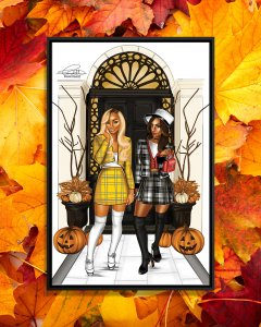 Two women in plaid Clueless outfits posing on porch with Halloween pumpkins.