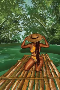 A woman with bathing suit on a brown raft with sunhat on green water.