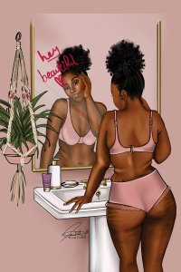 A woman in underwear looking in bathroom mirror with hey beautiful sentiment.