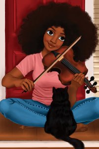 A smiling black girl with an afro sitting on a front porch and playing a violin near a black cat.