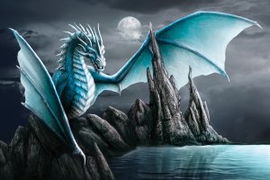 Blue dragon overlooking the water with a misty night sky and moon above