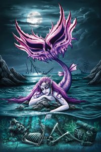 A purple mermaid looking under water at skeleton with night sky above