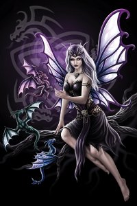 A purple winged fairy with three dragons on dark background