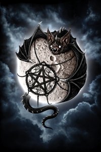 A bat hugging the moon with a dark star emblem and a cloudy nighttime sky