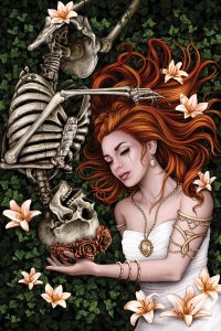 A woman in white dress laying on ground with skeleton scattered with flowers