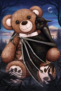 Bat hugging giant teddy bear with night sky behind them